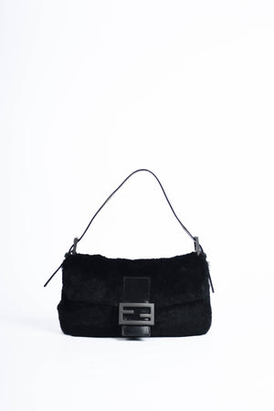 Vintage Fendi Black Fur Baguette Shoulder Bag