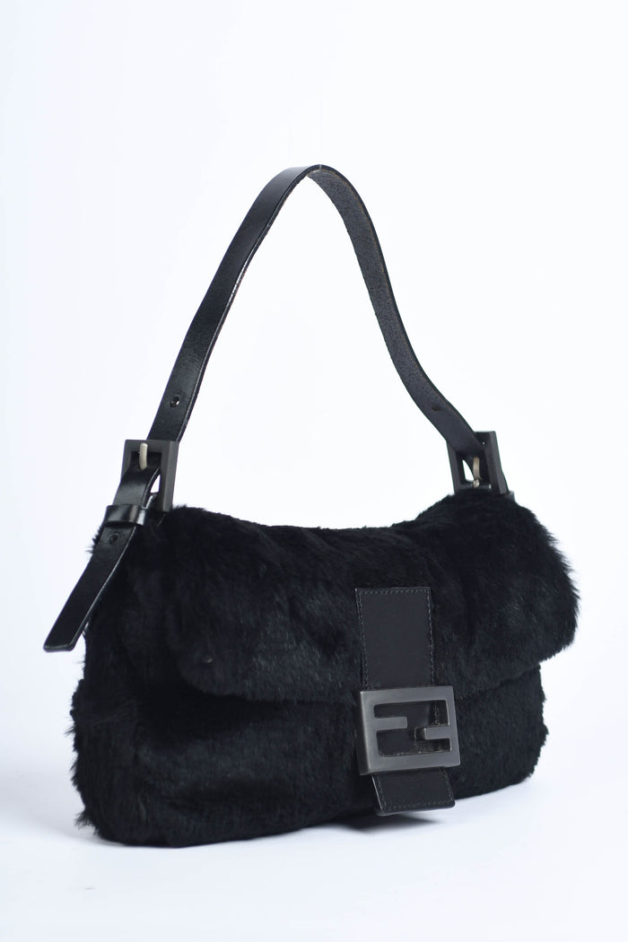 Vintage Fendi Black Fur Baguette Shoulder Bag