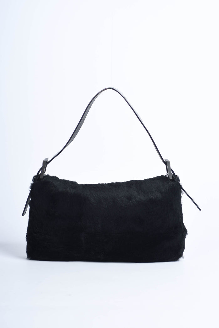 Vintage Fendi Black Fur Baguette Shoulder Bag