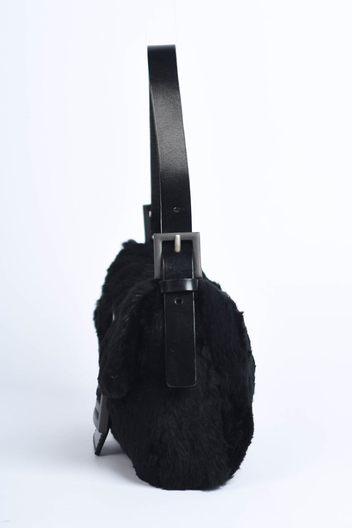 Vintage Fendi Black Fur Baguette Shoulder Bag