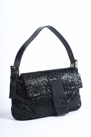 RARE Vintage Fendi Black Beaded Baguette Shoulder Bag