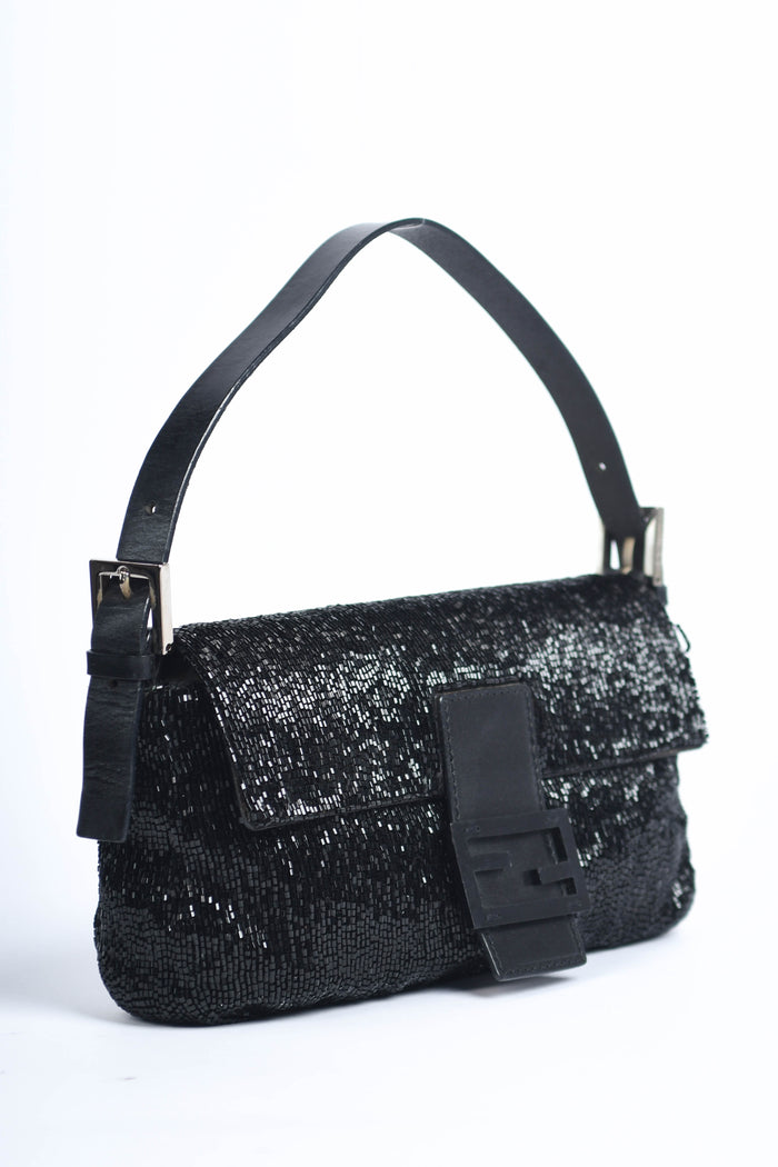 RARE Vintage Fendi Black Beaded Baguette Shoulder Bag