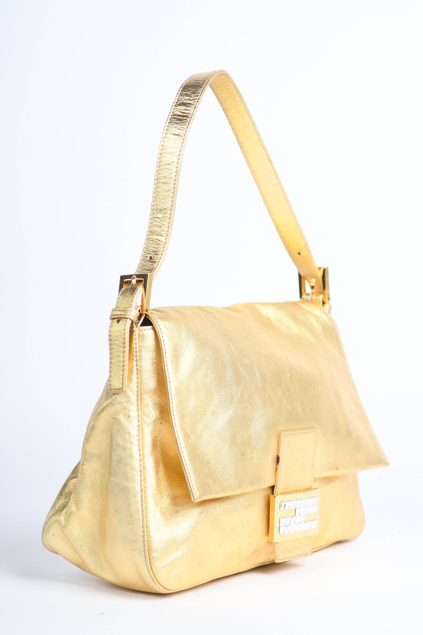 RARE Fendi Gold Leather Mamma Baguette Shoulder Bag