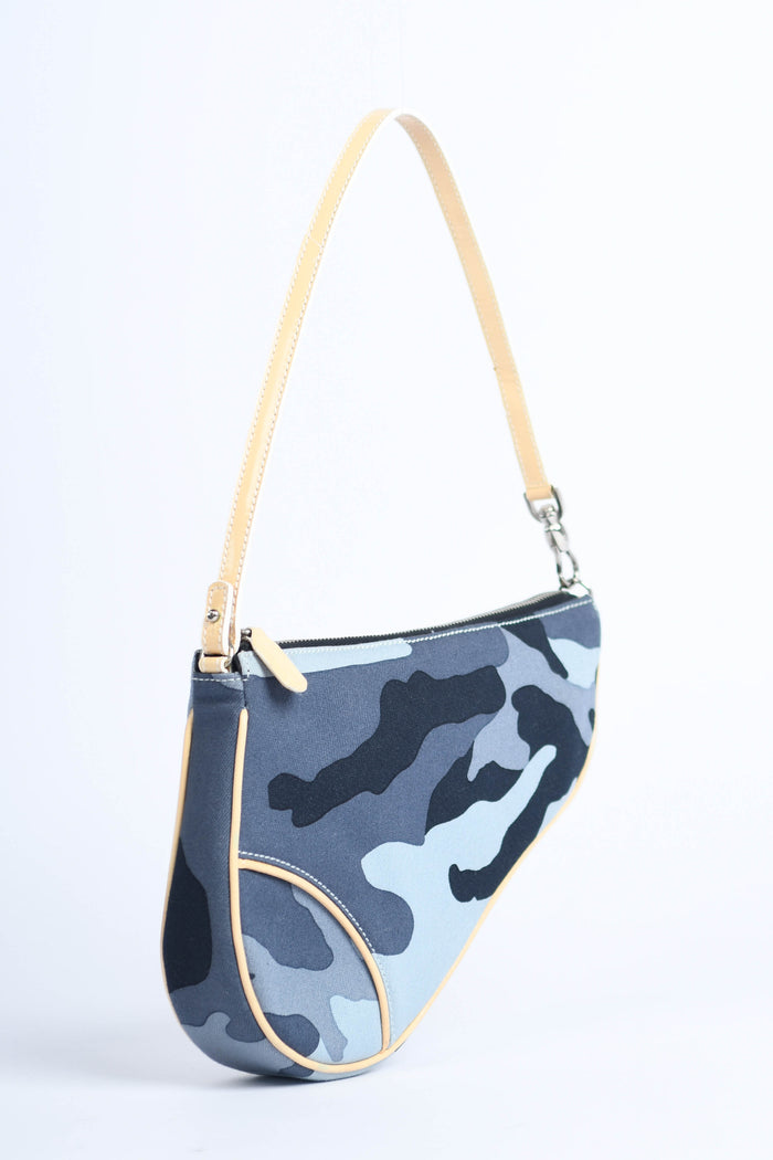 2000s Christian Dior Blue Camouflage Trotter Saddle Bag