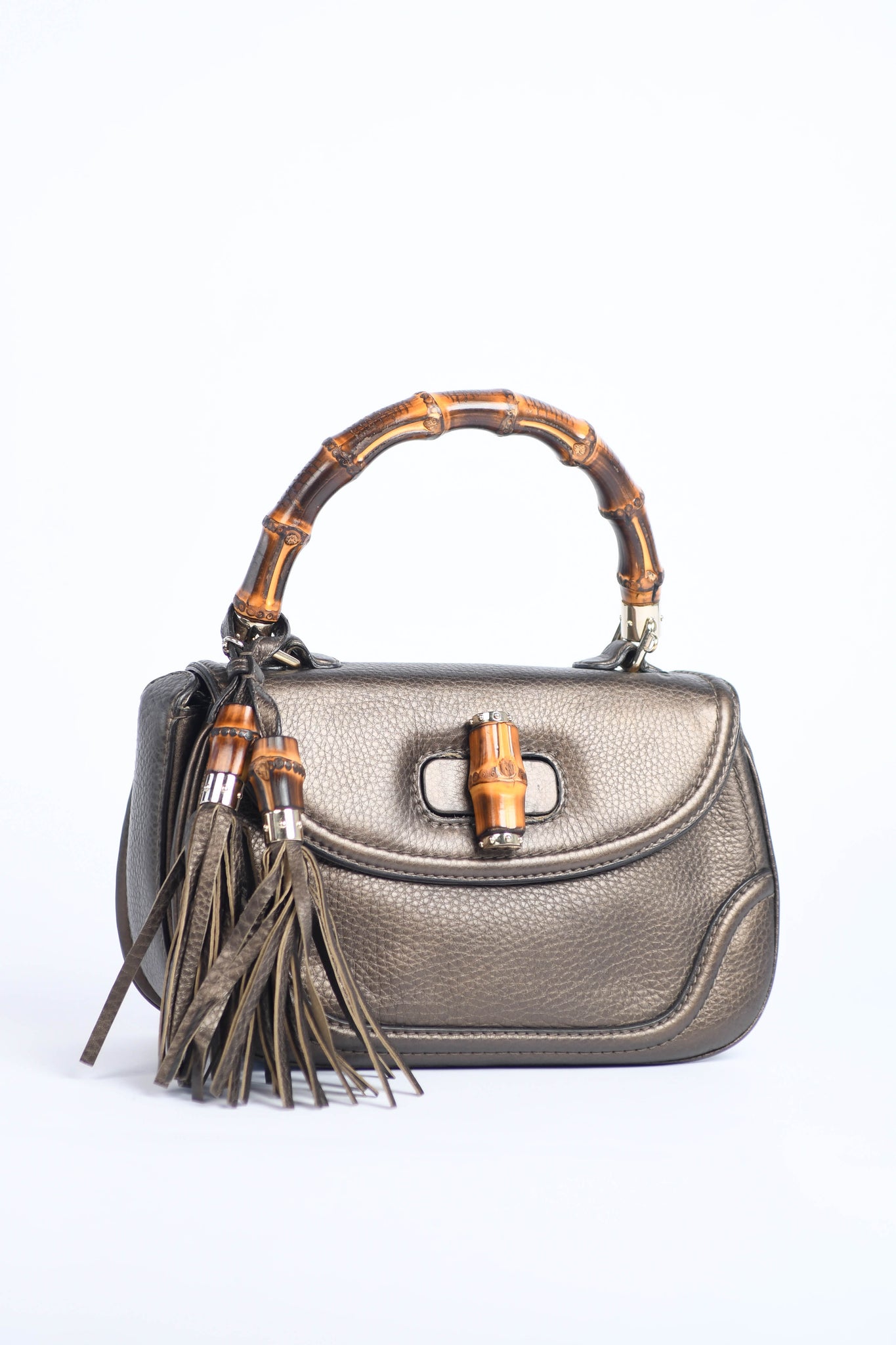 2010s Gucci Metallic Leather & Bamboo Top Handle Bag