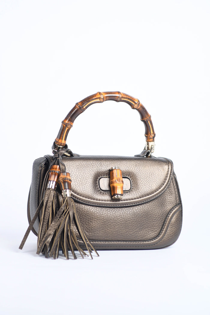 2010s Gucci Metallic Leather & Bamboo Top Handle Bag