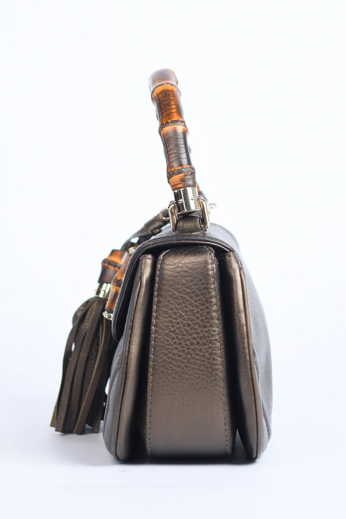 2010s Gucci Metallic Leather & Bamboo Top Handle Bag