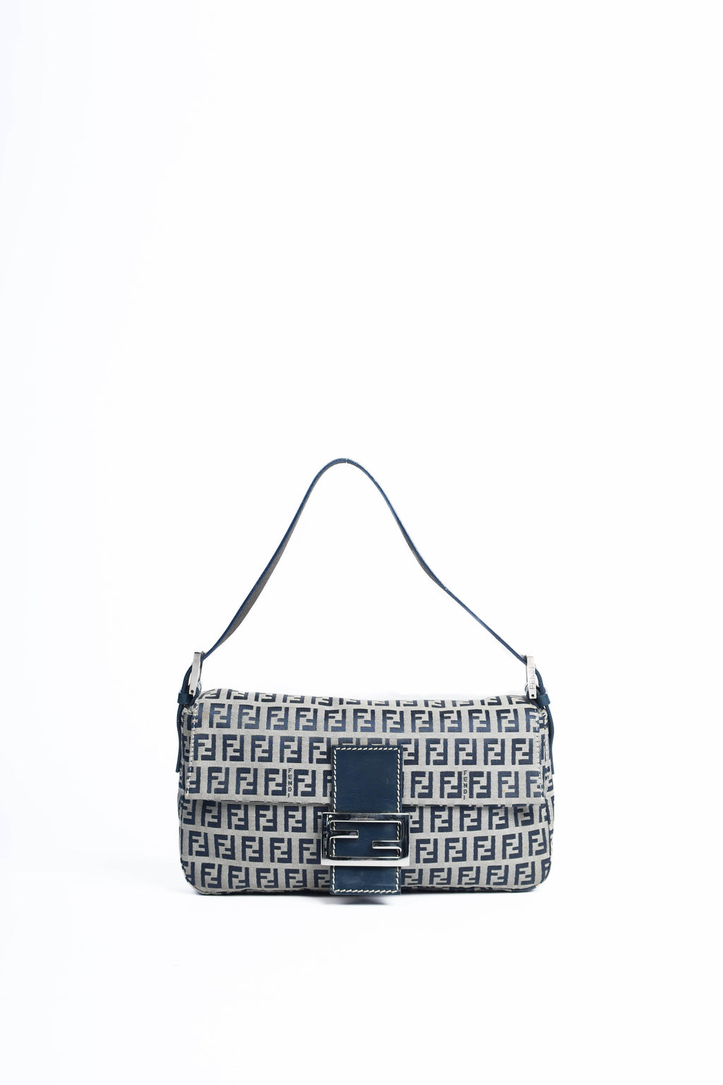 Vintage Fendi Navy Zucchino Baguette Shoulder Bag