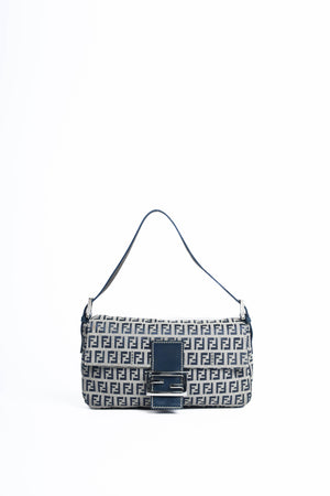 Vintage Fendi Navy Zucchino Baguette Shoulder Bag