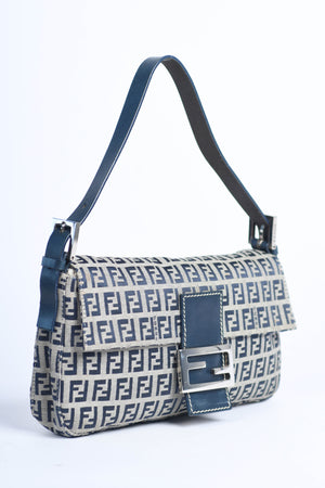 Vintage Fendi Navy Zucchino Baguette Shoulder Bag