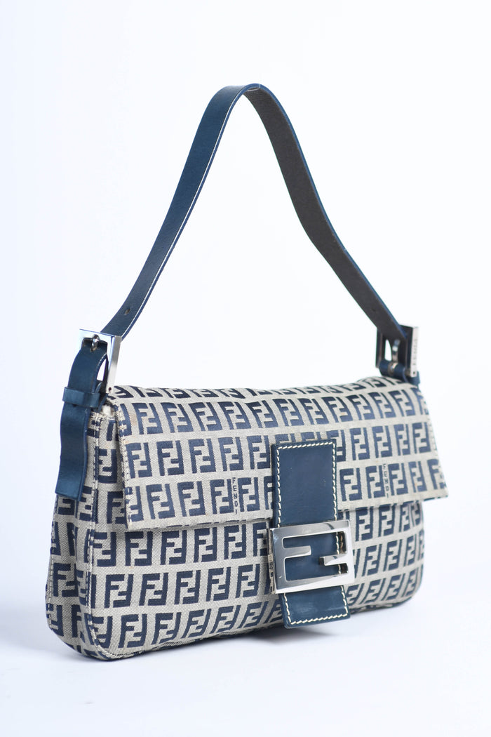 Vintage Fendi Navy Zucchino Baguette Shoulder Bag