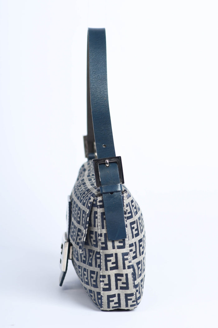 Vintage Fendi Navy Zucchino Baguette Shoulder Bag