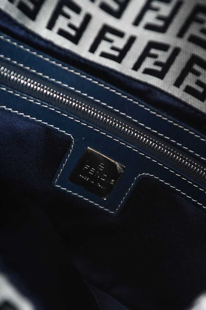 Vintage Fendi Navy Zucchino Baguette Shoulder Bag