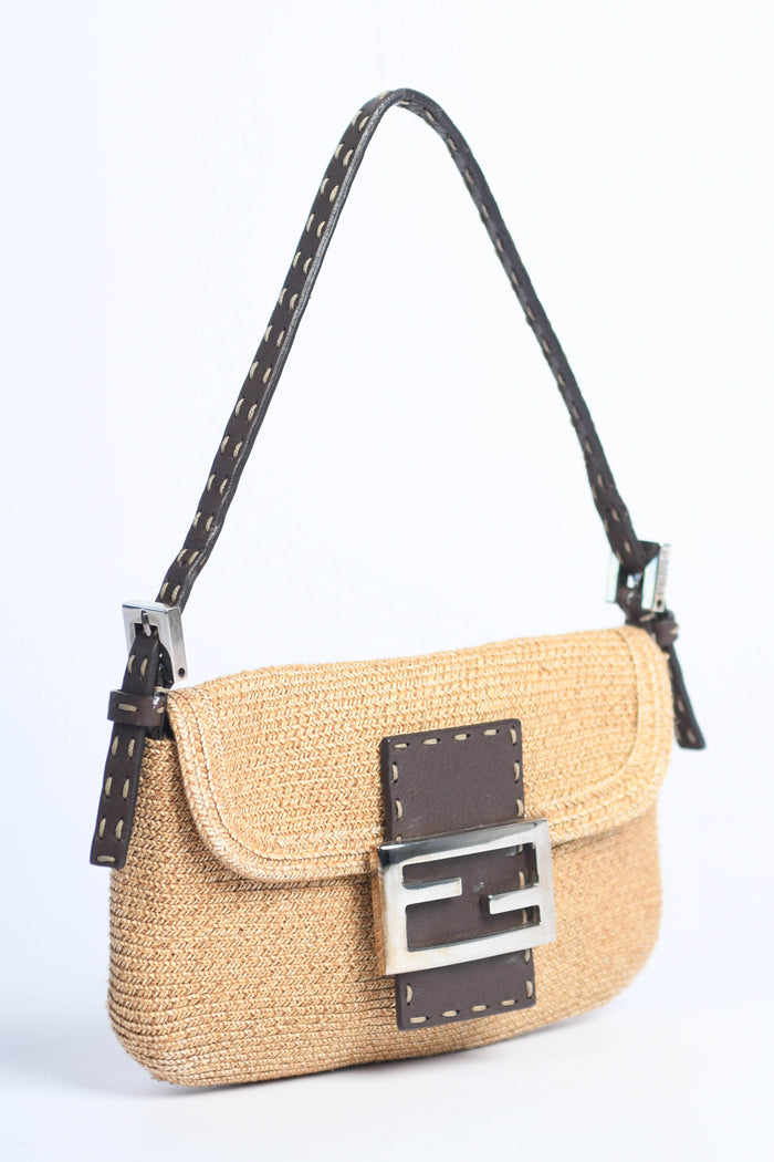 Vintage Fendi Brown Leather & Raffia Selleria Mini Bag