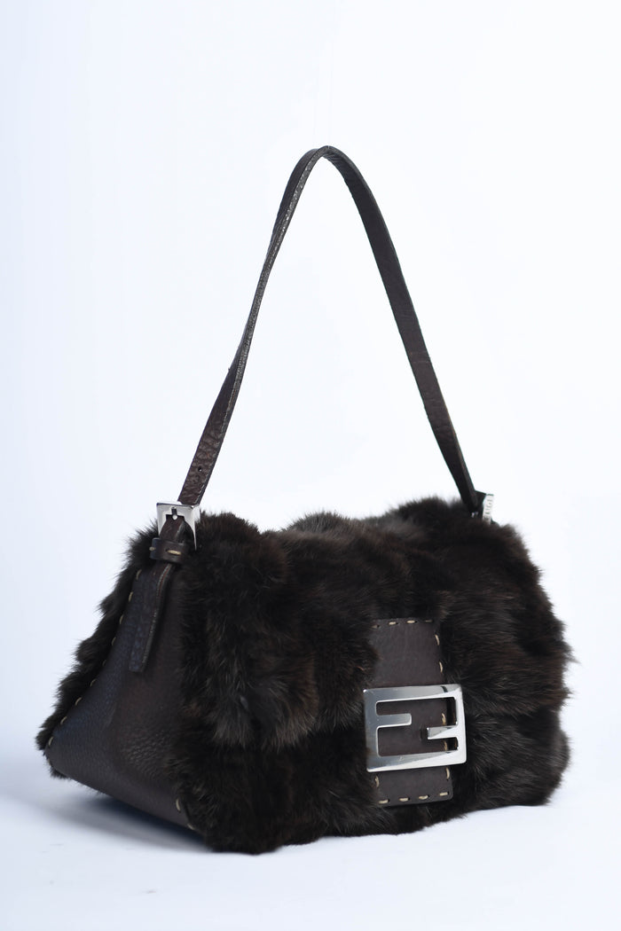 Vintage Fendi Brown Fur Selleria Mini Mamma Baguette Bag