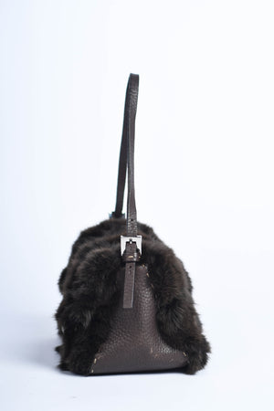Vintage Fendi Brown Fur Selleria Mini Mamma Baguette Bag