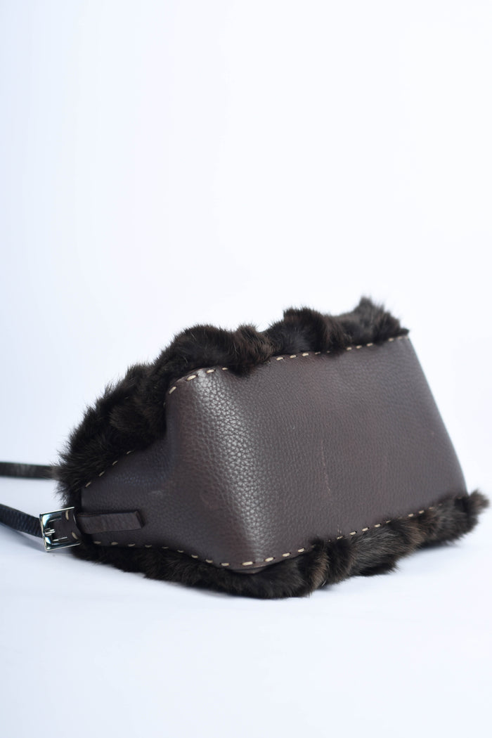 Vintage Fendi Brown Fur Selleria Mini Mamma Baguette Bag