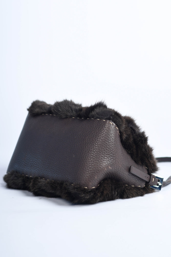 Vintage Fendi Brown Fur Selleria Mini Mamma Baguette Bag