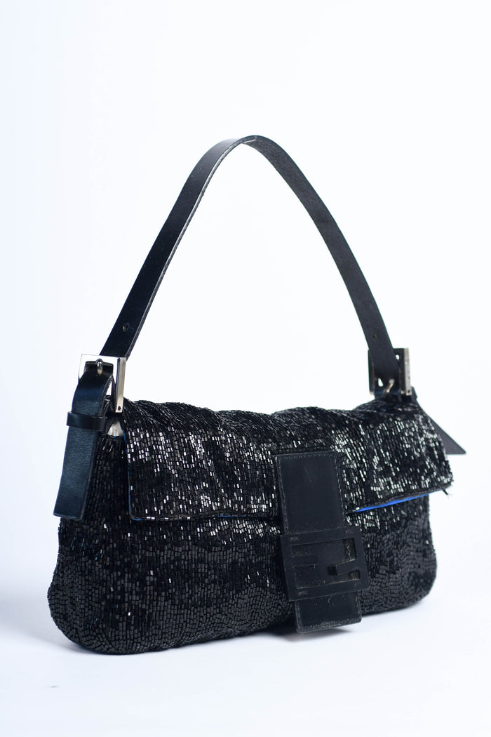 RARE Vintage Fendi Black Beaded Baguette Shoulder Bag