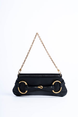 Vintage Gucci Black Grained Leather Horsebit Shoulder Bag