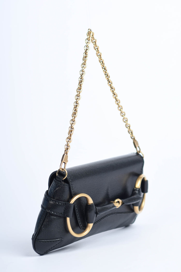 Vintage Gucci Black Grained Leather Horsebit Shoulder Bag