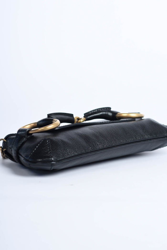 Vintage Gucci Black Grained Leather Horsebit Shoulder Bag