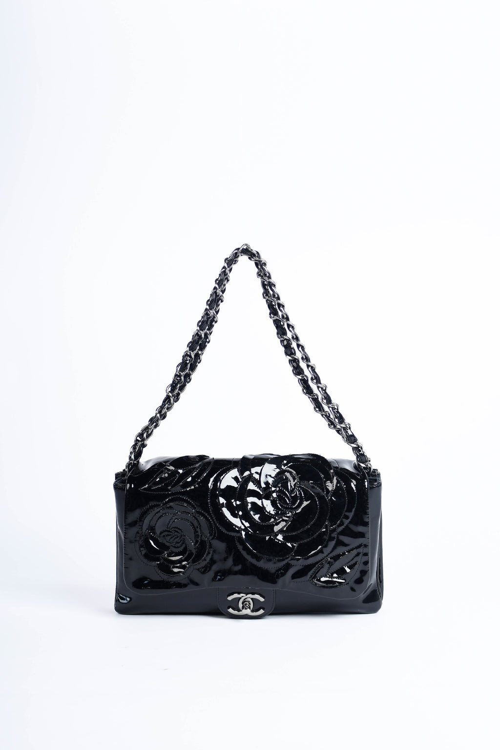 2010s Chanel Black Patent Leather Camellia Flap Bag