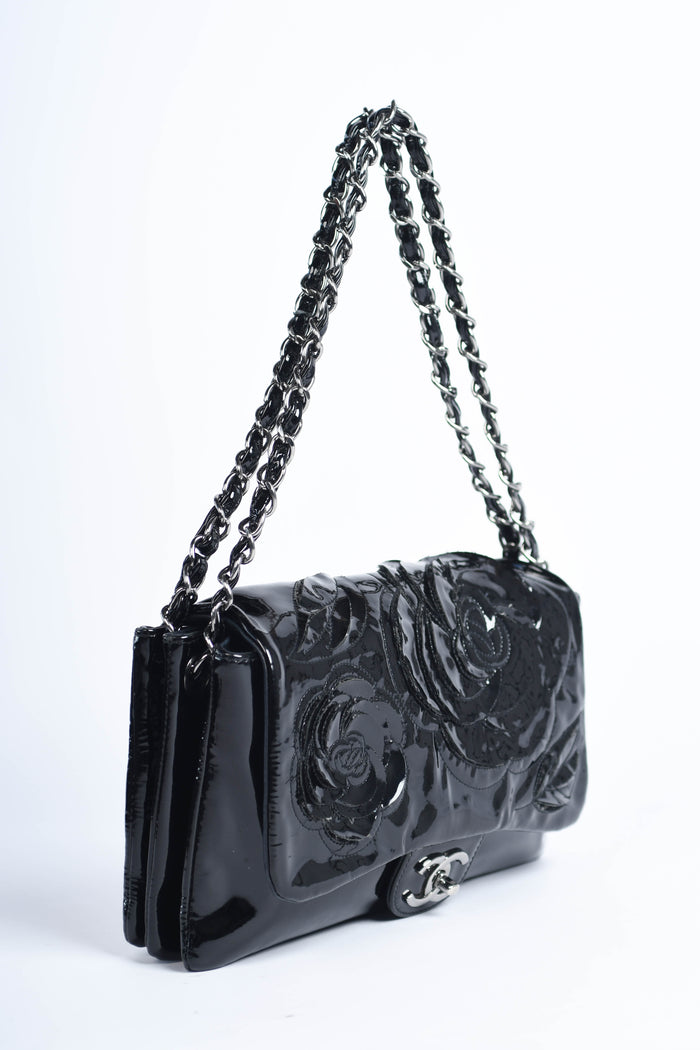 2010s Chanel Black Patent Leather Camellia Flap Bag