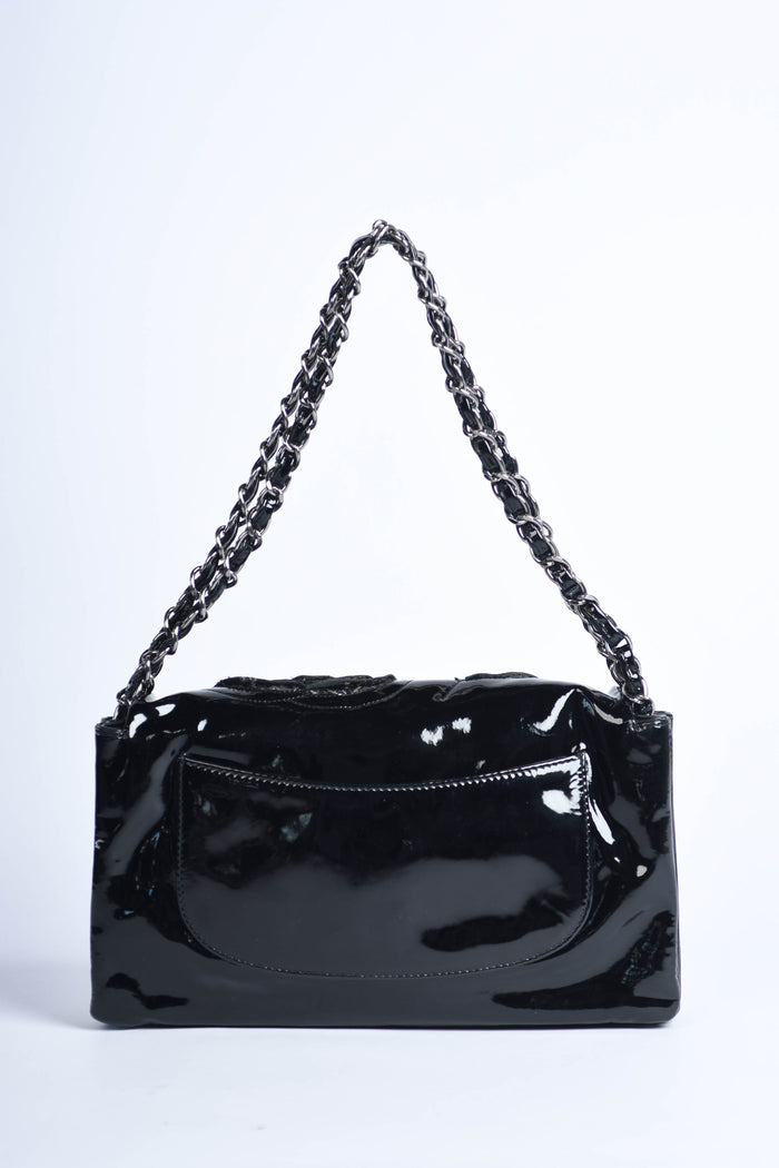 2010s Chanel Black Patent Leather Camellia Flap Bag