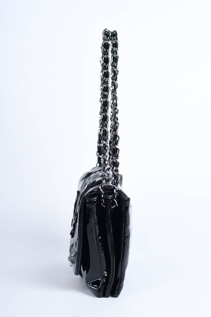 2010s Chanel Black Patent Leather Camellia Flap Bag