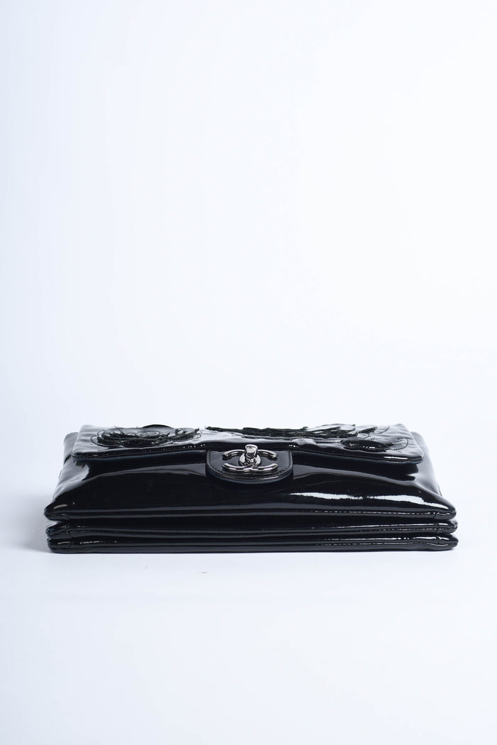 2010s Chanel Black Patent Leather Camellia Flap Bag
