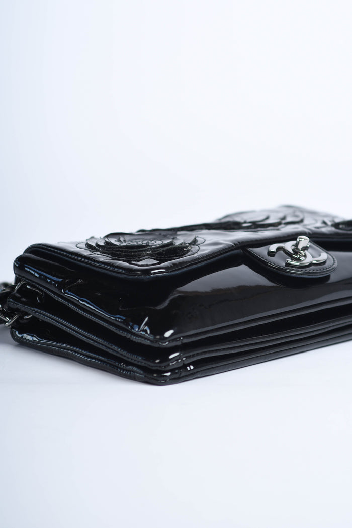 2010s Chanel Black Patent Leather Camellia Flap Bag