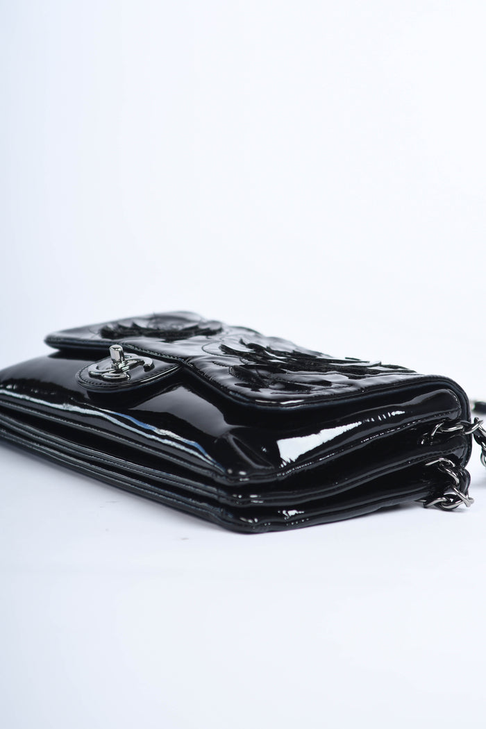 2010s Chanel Black Patent Leather Camellia Flap Bag
