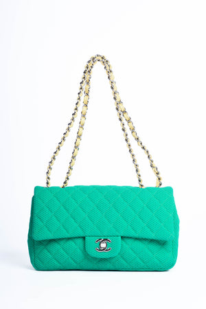 2000s Chanel Green Perforated Jersey Medium Single Flap Bag