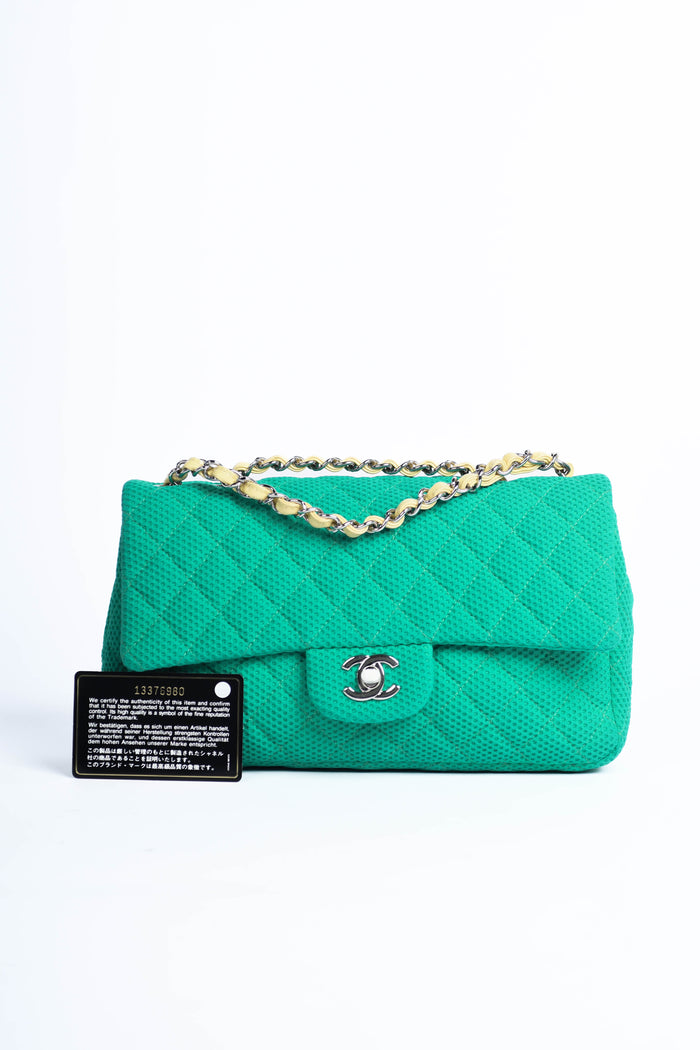 2000s Chanel Green Perforated Jersey Medium Single Flap Bag