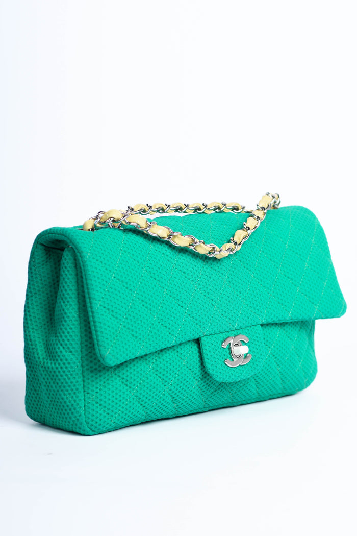 2000s Chanel Green Perforated Jersey Medium Single Flap Bag