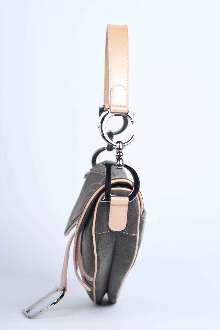 2000s Christian Dior Galliano Grey Denim Saddle Bag