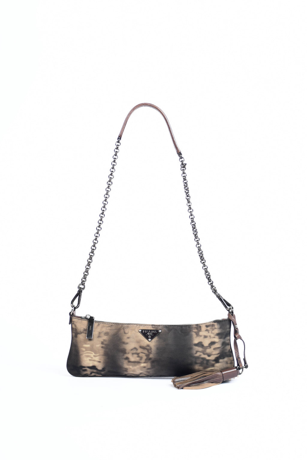 2000s Prada Brown Printed Nylon and Leather Shoulder Bag