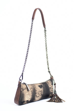 2000s Prada Brown Printed Nylon and Leather Shoulder Bag