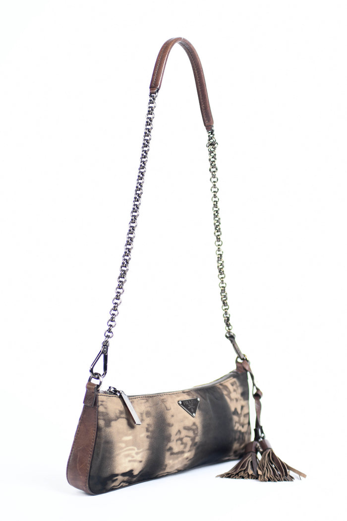 2000s Prada Brown Printed Nylon and Leather Shoulder Bag