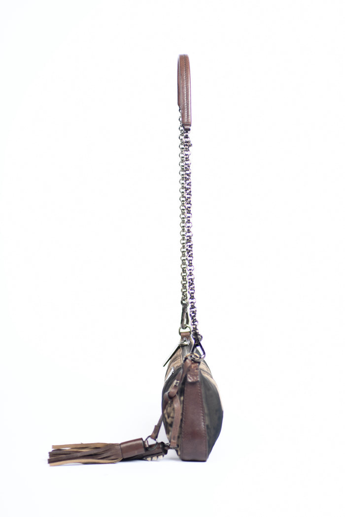 2000s Prada Brown Printed Nylon and Leather Shoulder Bag