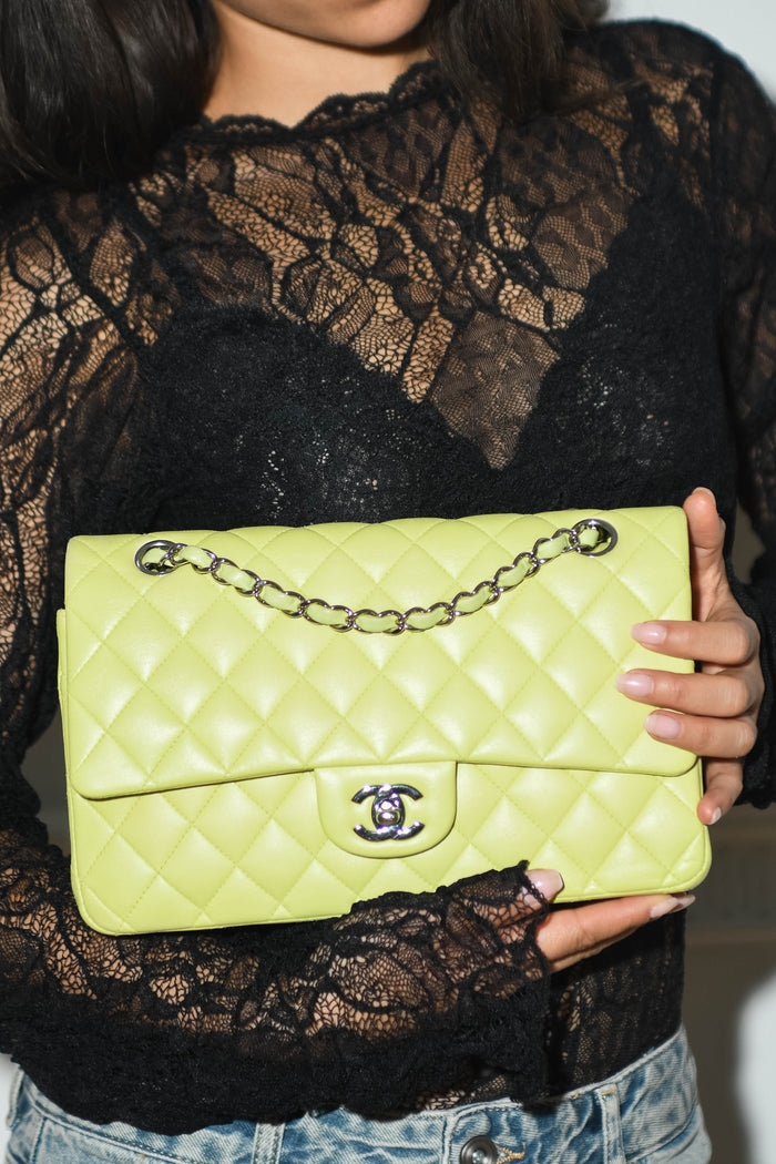 2010s Chanel Pistachio Green Lambskin Leather Medium Double Flap Shoulder Bag