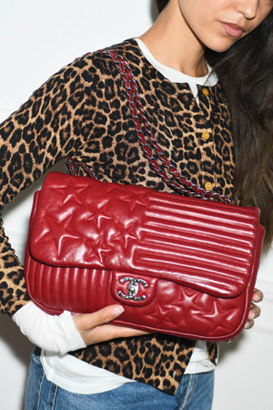 2014 Chanel Red Lambskin Stripes and Stars Single Flap Shoulder Bag