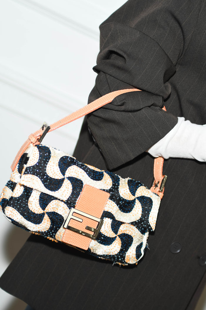 Vintage Fendi Swirl Beaded Baguette Shoulder Bag
