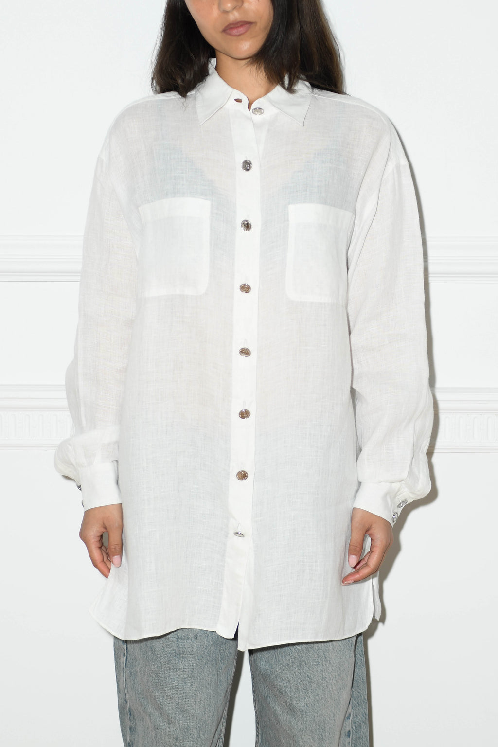 Vintage Chanel White Shirt with Silver CC Button Detail