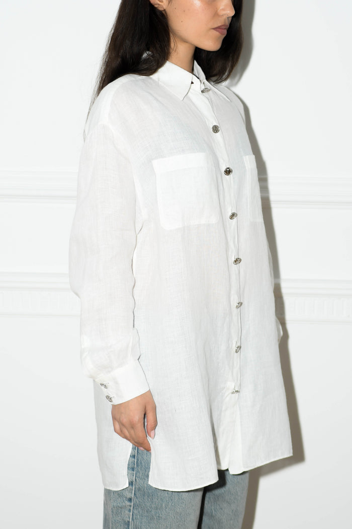 Vintage Chanel White Shirt with Silver CC Button Detail
