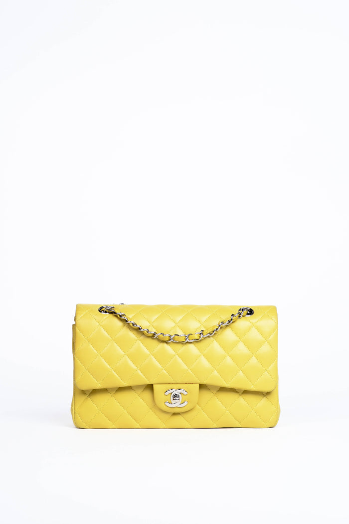 2000s Chanel Yellow Lambskin Medium Double Flap Shoulder Bag SHW