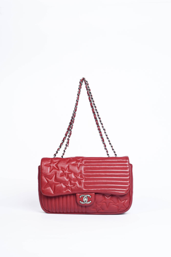 2014 Chanel Red Lambskin Stripes and Stars Single Flap Shoulder Bag