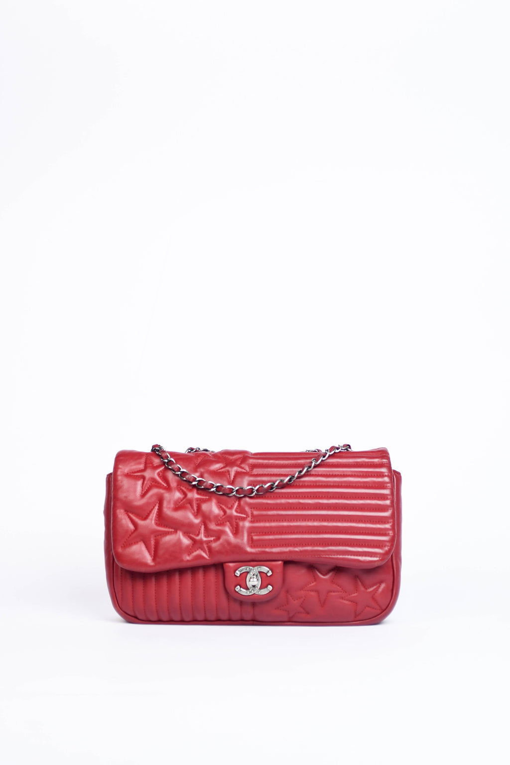 2014 Chanel Red Lambskin Stripes and Stars Single Flap Shoulder Bag