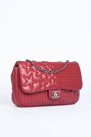 2014 Chanel Red Lambskin Stripes and Stars Single Flap Shoulder Bag